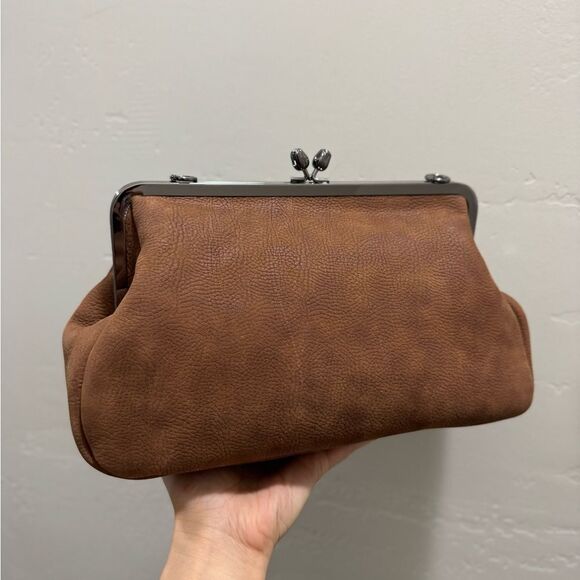 Brown Nubuck Cowhide Handmade “Tulip” Shaped Kisslock Handbag & 2 Strap Styles - Picture 10 of 15